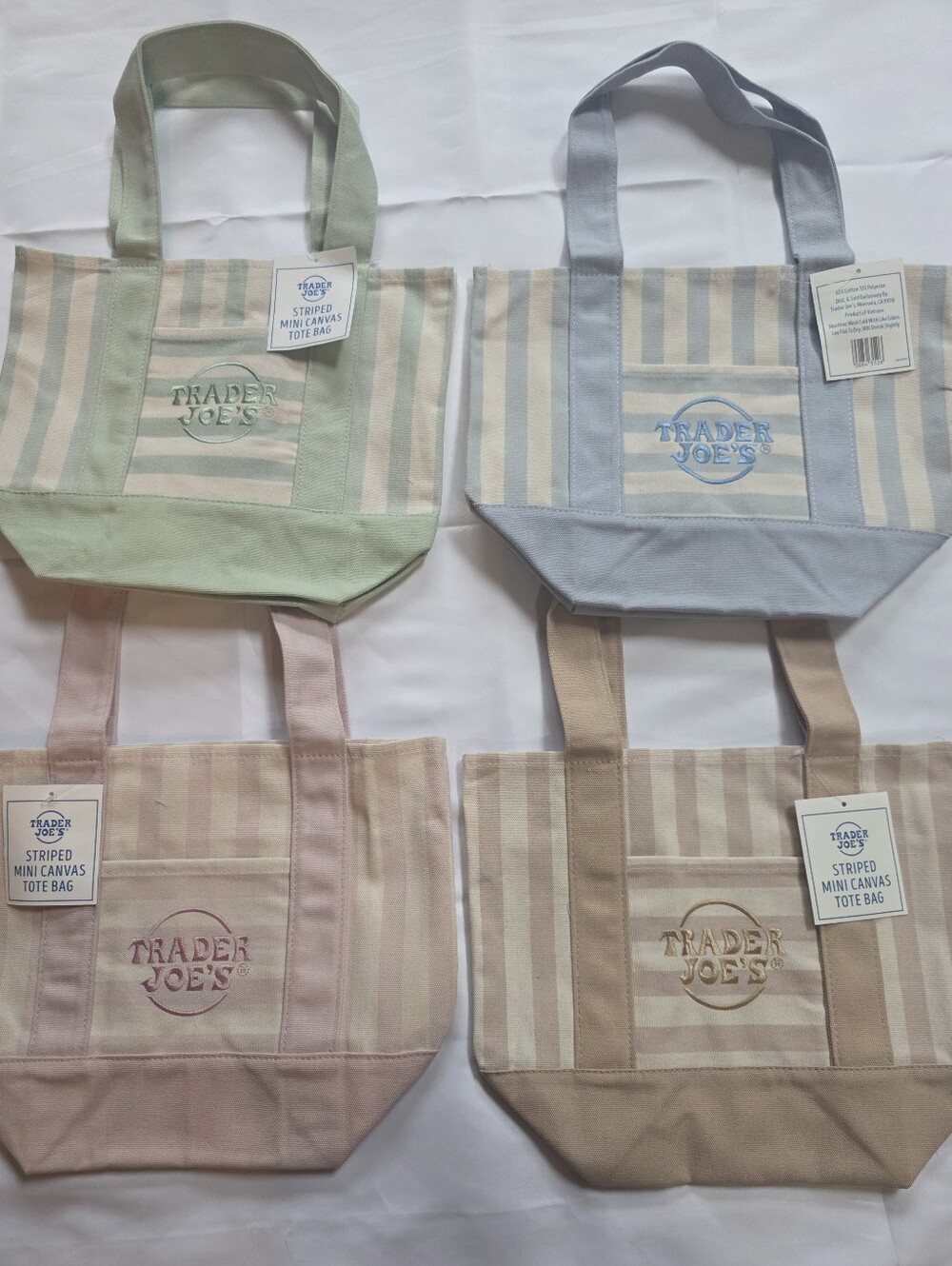 Trader Joe's Striped Mini Canvas Tote Bag Set of 4 Pastel Colors NWT.